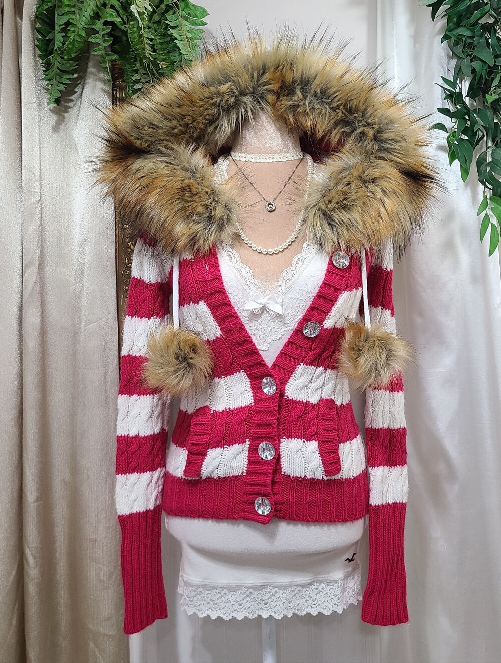 ♡ Y2K ♡ Aeropostale Pink striped Faux Fur Hood Bling Button Babydoll Sweater